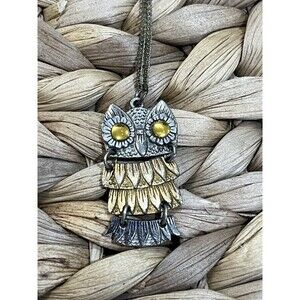 Vintage Mixed Metal Articulated Owl Pendant Necklace With Yellow Stone Eyes